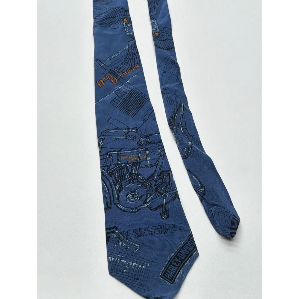 Harley-Davidson Vintage Silk Tie RM Style Ralph Marlin Blue Motorcycle Schematic